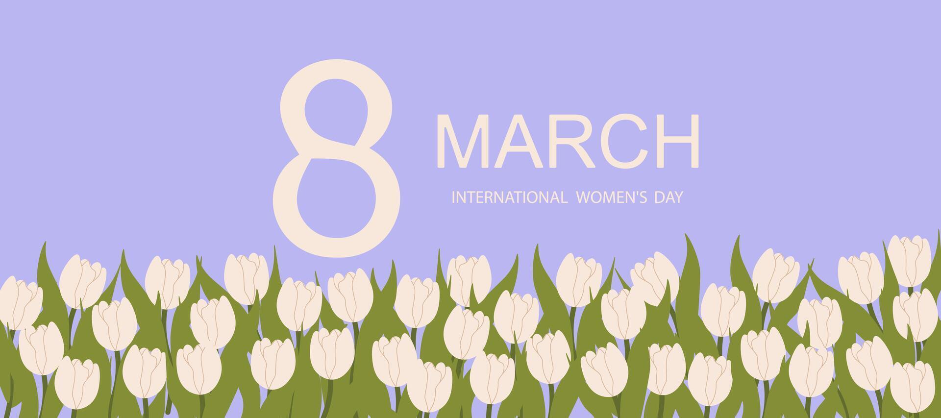 Simple greeting card design for March 8 celebration. Horizontal banner for Women's Day with tulips on a purple background. Modern design for greetings vector