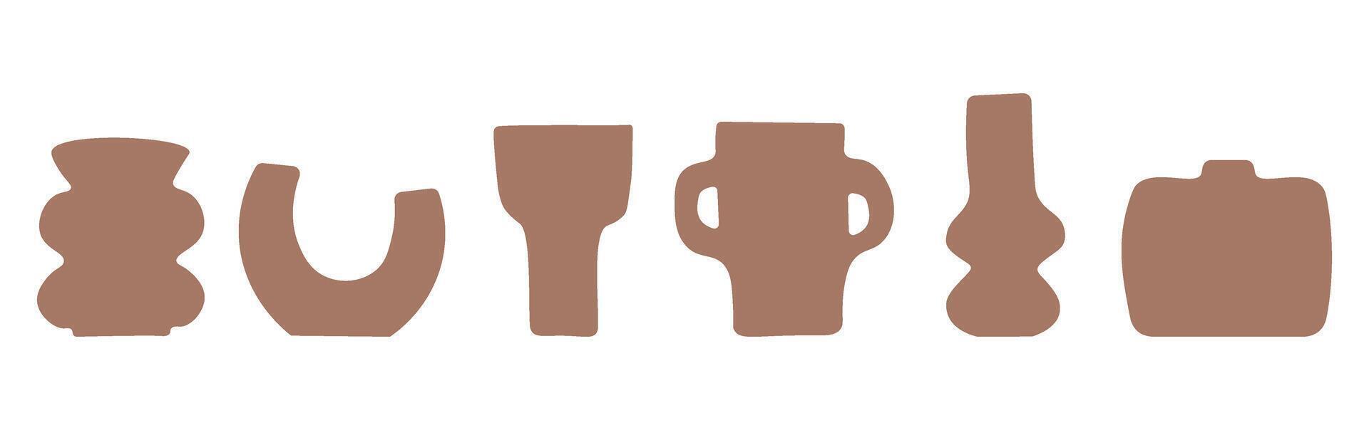 Set of abstract vase silhouettes in brown. Various modern, geometric pottery designs. Cozy home decor handmade vector