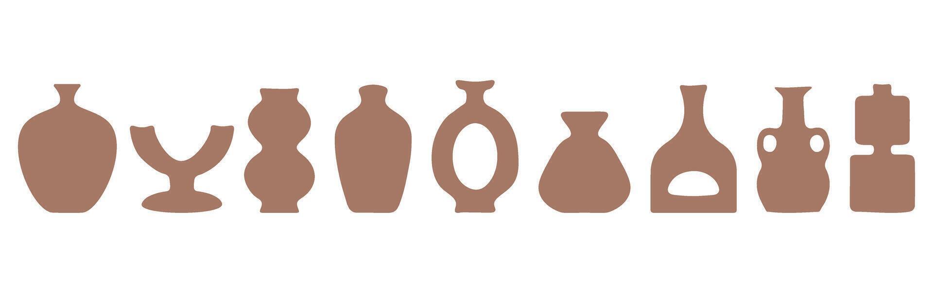 Set of abstract vase silhouettes in brown. Various modern, geometric pottery designs. Cozy decor handmade boho vector