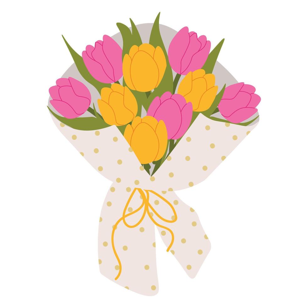 Bouquet of pink and yellow tulips wrapped in decorative paper with dots,, tied with a ribbon. Floral illustration in a soft, elegant style for spring holidays and Mother's Day vector