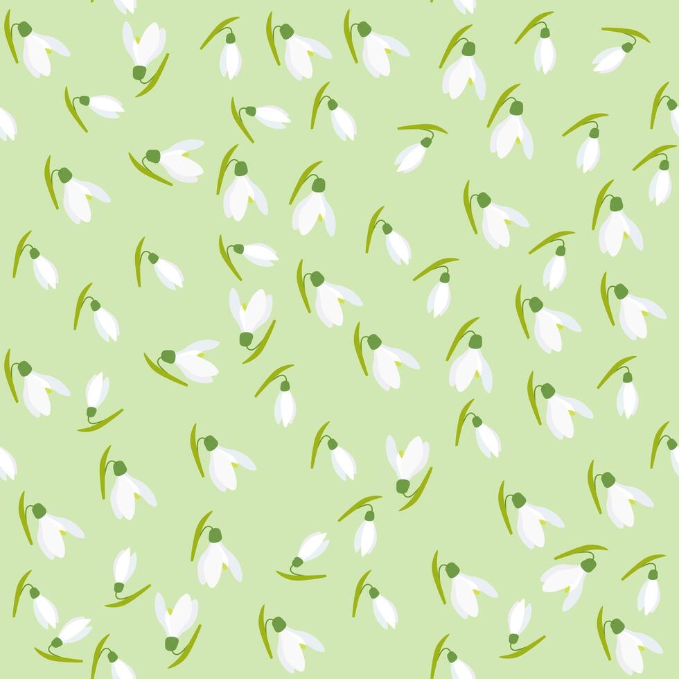 Seamless snowdrops floral pattern featuring delicate white flowers on a green background. Ideal for textile design, packaging, wallpaper vector