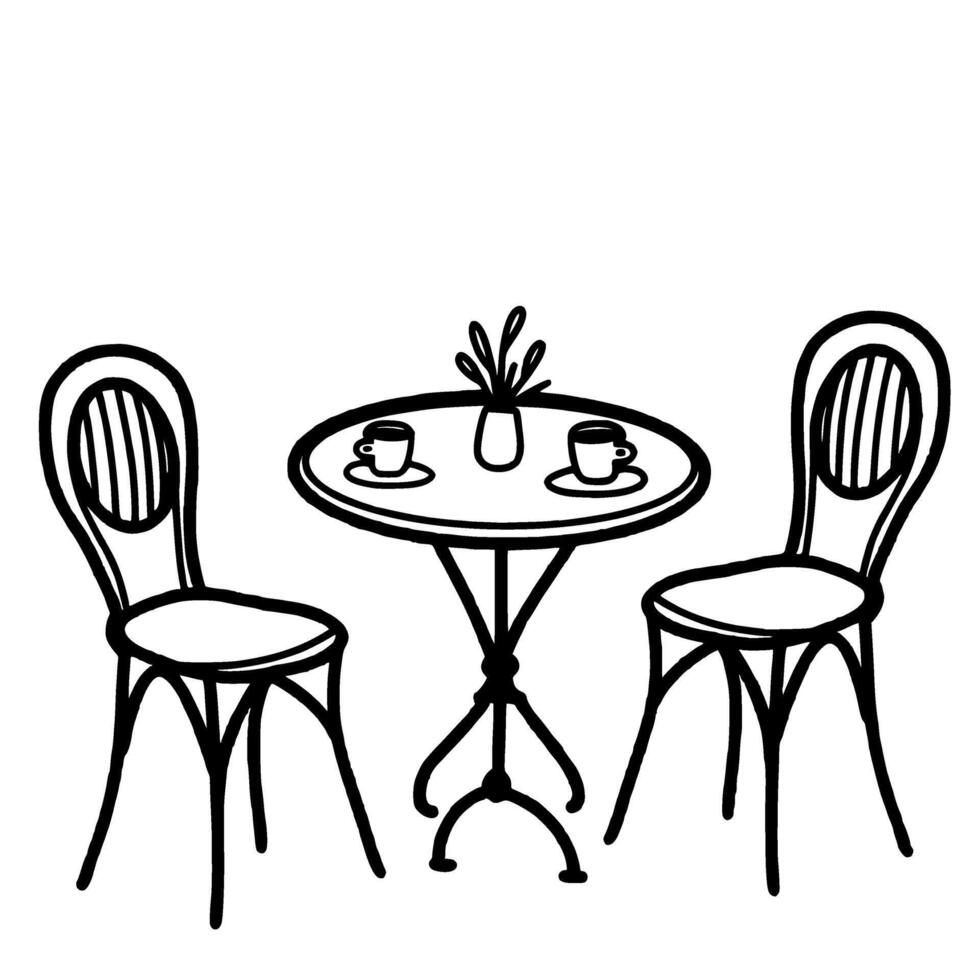 Cafe chairs and table Hand drawn line art Paris Illustration vector