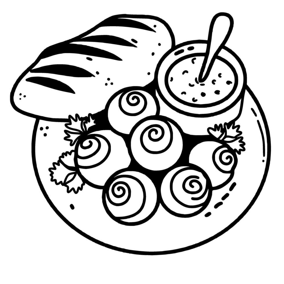 A plate of escargot with butter Hand drawn line art Paris Illustration vector
