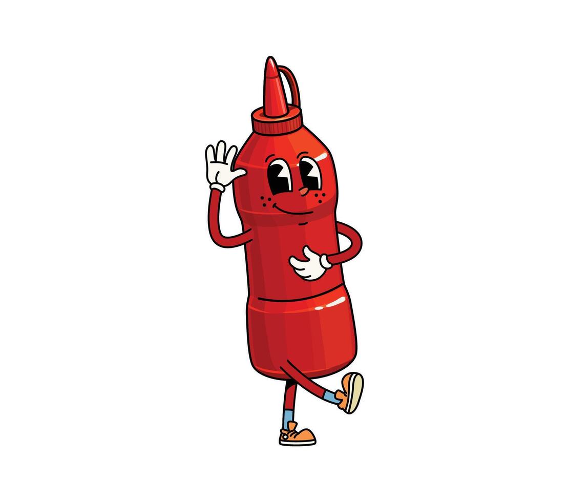 Groovy fast food ketchup bottle retro character vector
