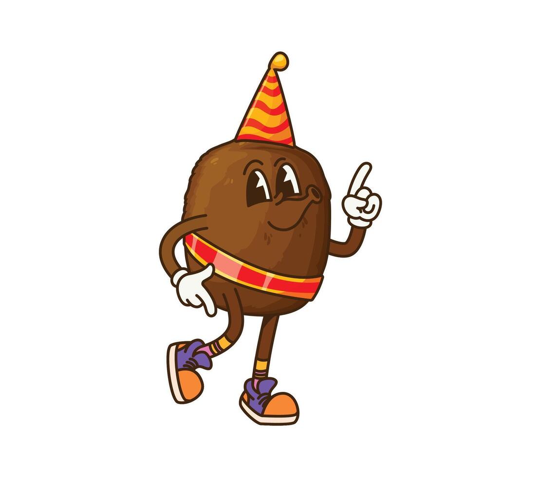 Cartoon groovy kiwi fruit character on celebration vector