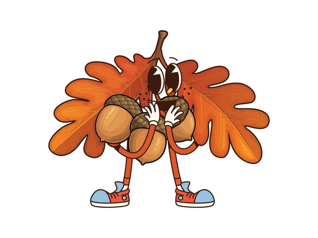 Groovy Thanksgiving oak leaf with acorns character vector