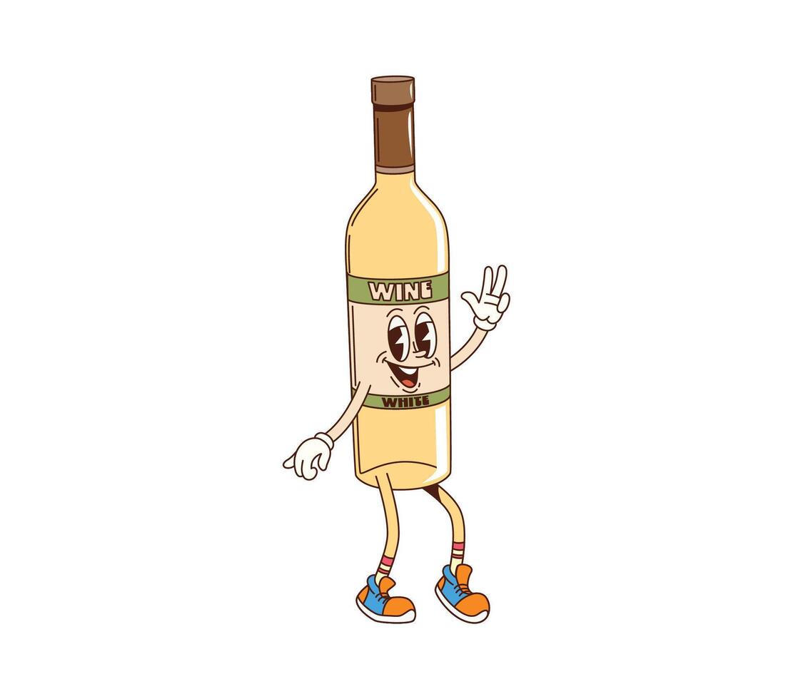 Retro groovy white wine bottle cheerful character vector