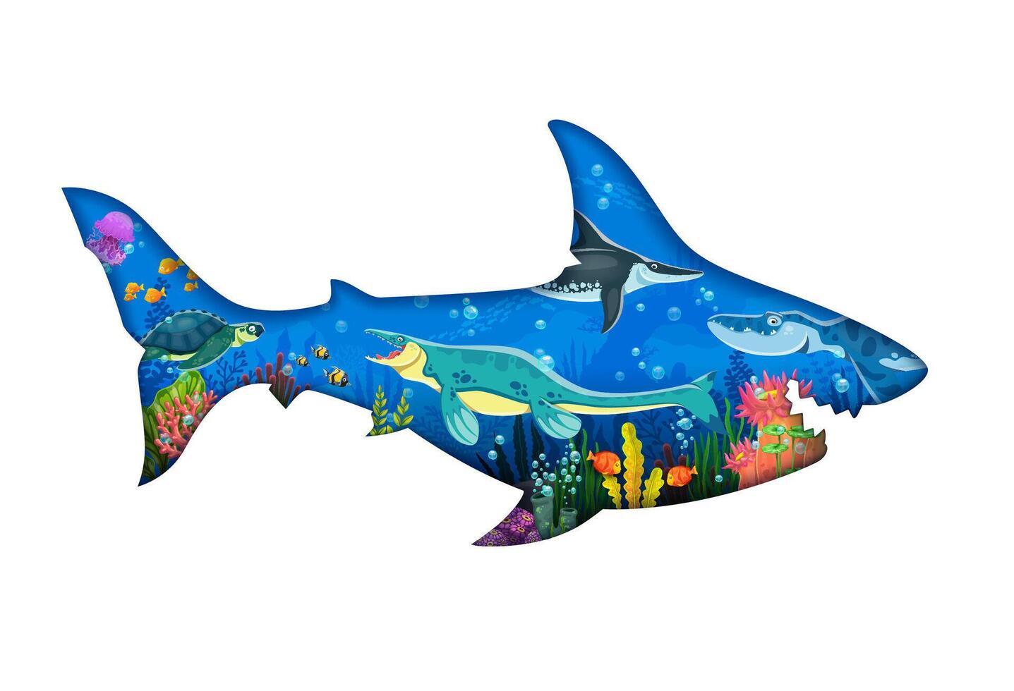 Megalodon giant shark with underwater dinosaurs vector