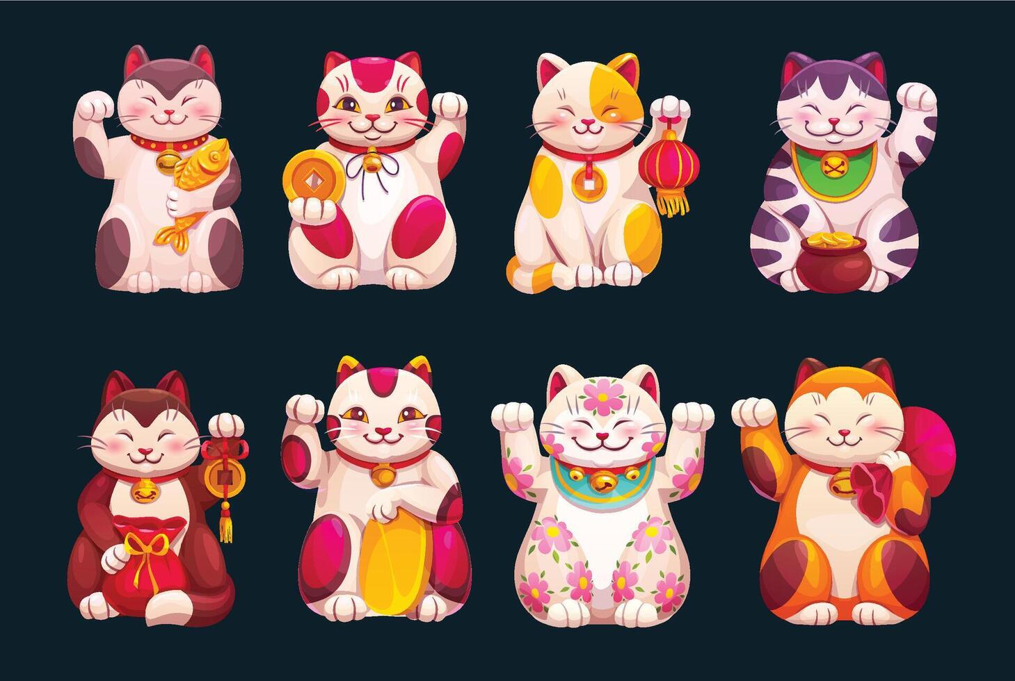Cartoon japanese maneki neko cats with lucky coins vector