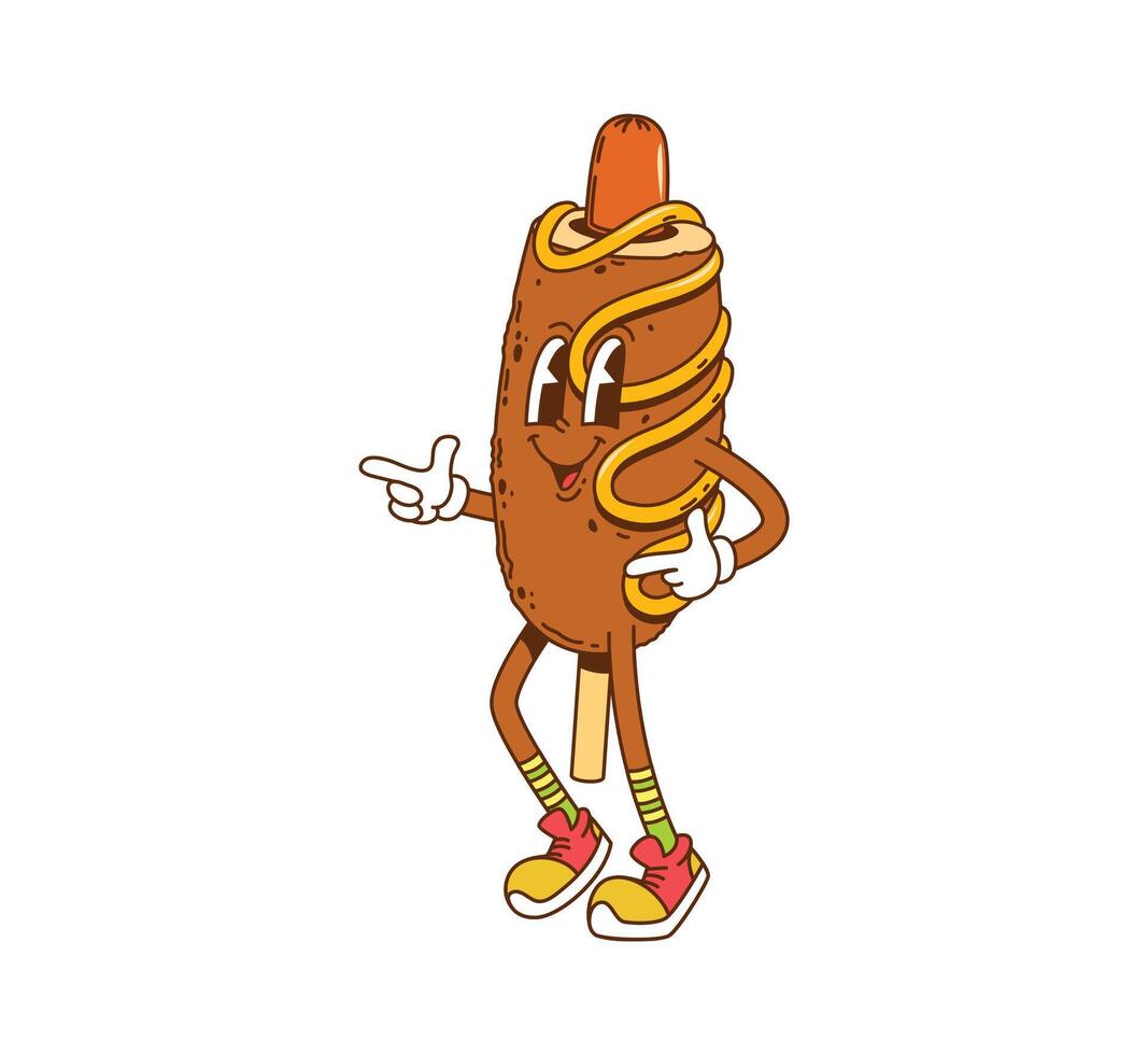 Groovy cartoon hippie corn dog fast food character vector