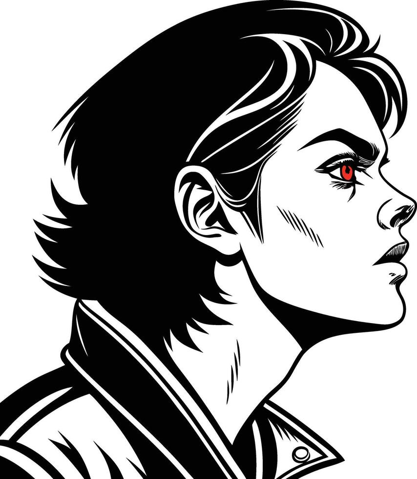 Black White Illustration Profile Portrait Stylized Graphic Art Red Eye High Collar Jacket Fierce Expression vector