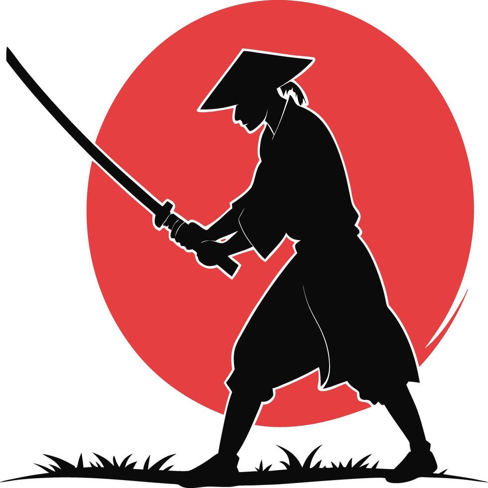 Samurai Silhouette Katana Sword Red Circle Background Grass Foreground Japanese Warrior Minimalist Design vector