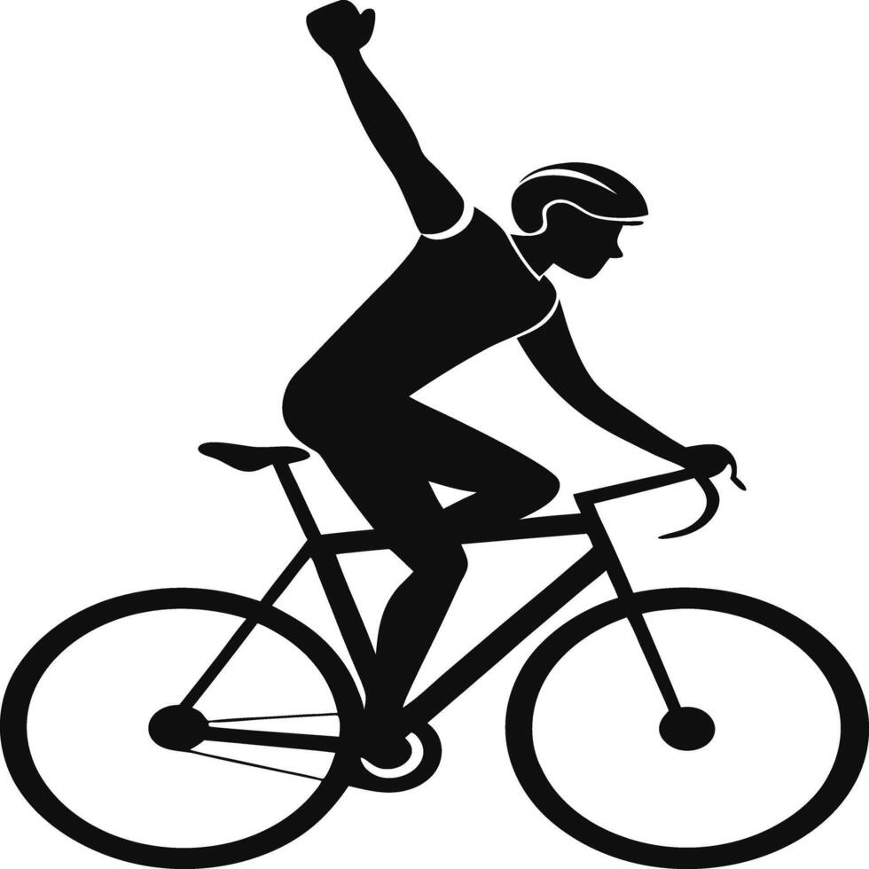 Cyclist Silhouette Racing Bike Victory Pose Arm Raised Helmet Athletic Figure Monochrome Minimalist Design Sports Icon vector