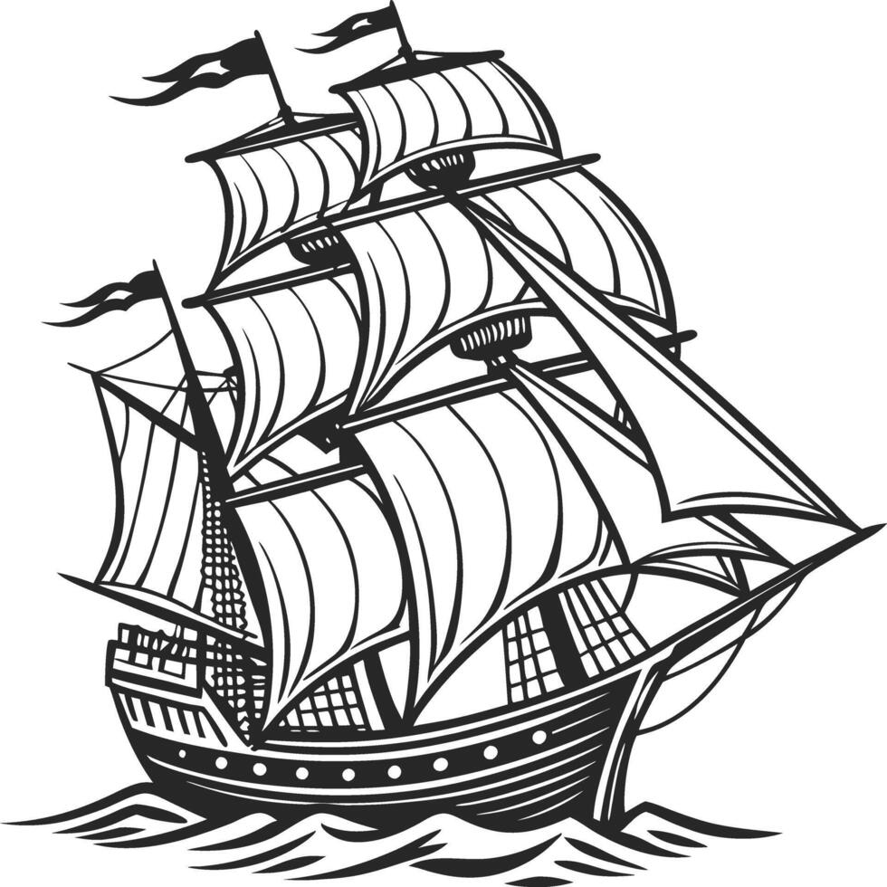 Old Sailing Ship Black White Illustration Vintage Nautical Art Tall Ship Full Sails Clipper Maritime Engraving vector