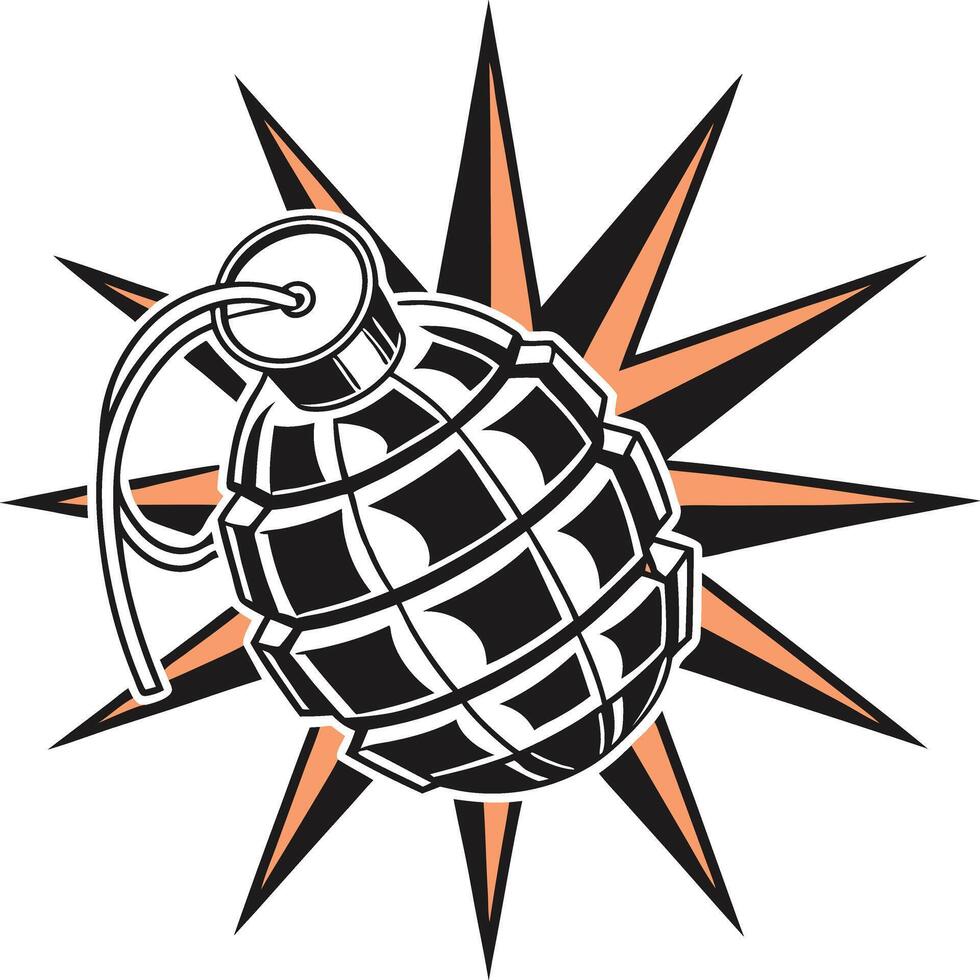 Hand Grenade Stylized Black and White Illustration Orange Starburst Background Graphic Design Art vector