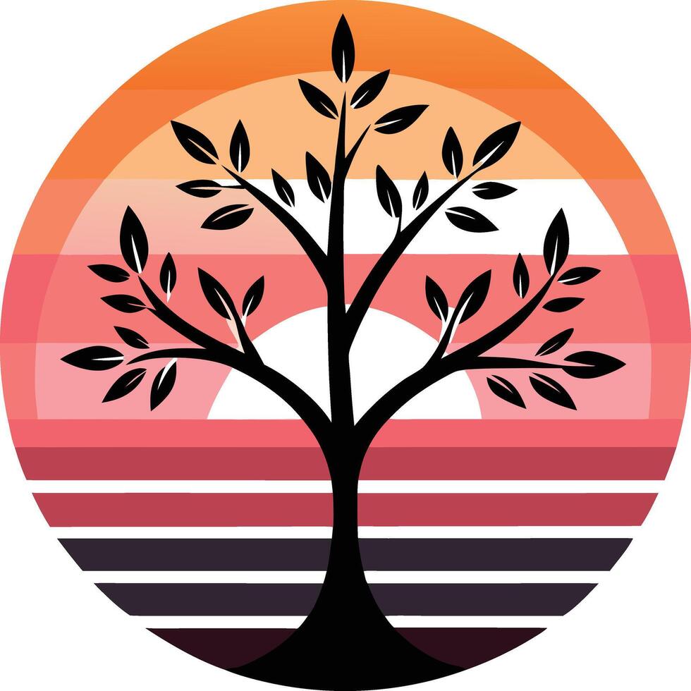 Tree Silhouette Sunset Background Circular Frame Gradient Stripes Minimalist Retro Illustration vector