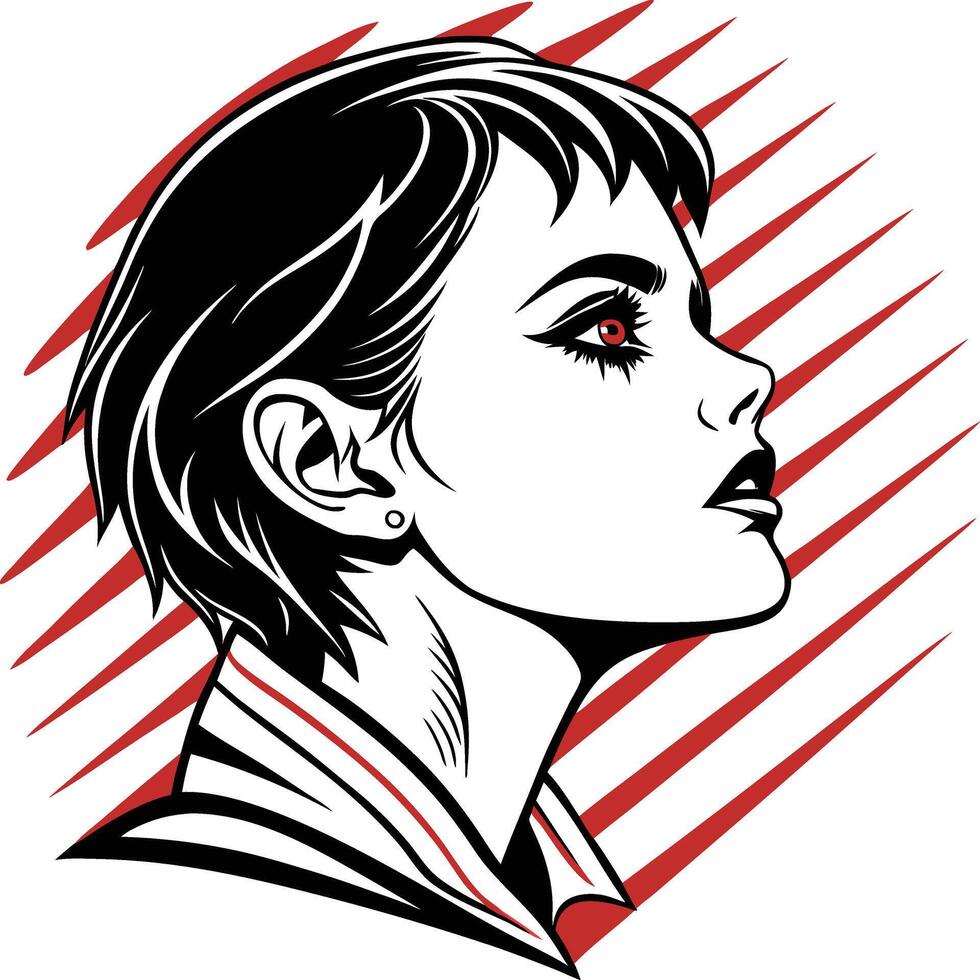 Stylized Portrait Profile View Short Black Hair Red Eye Graphic Novel High Contrast Bold Lines Art vector