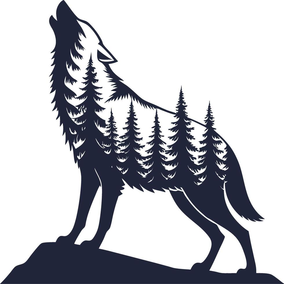 Howling Wolf Silhouette Forest Scene Pine Trees Navy Blue White Contrast Double Exposure Nature Wildlife Art vector