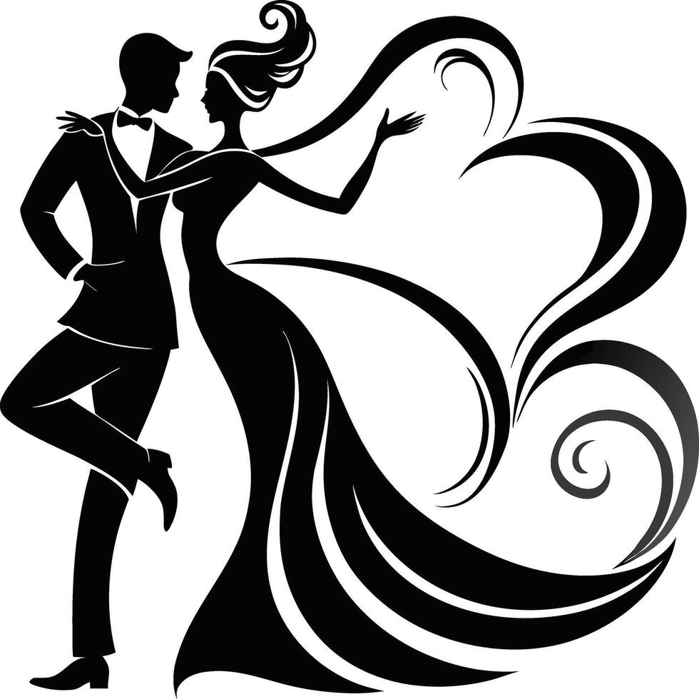 Elegant Silhouette Dancing Couple Ballroom Dance Flowing Dress Tuxedo Stylized Heart Black White Art Deco Style vector