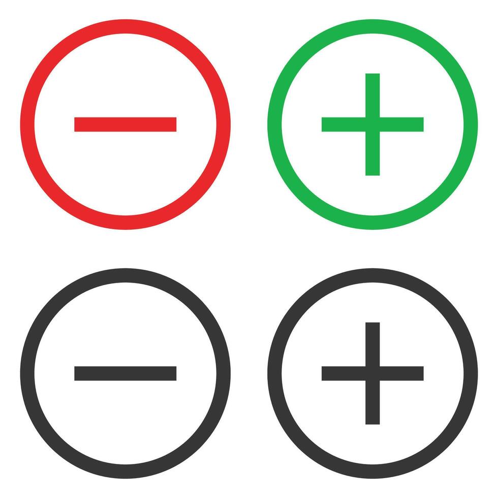 Plus and minus flat icon set isolated on white background. vector