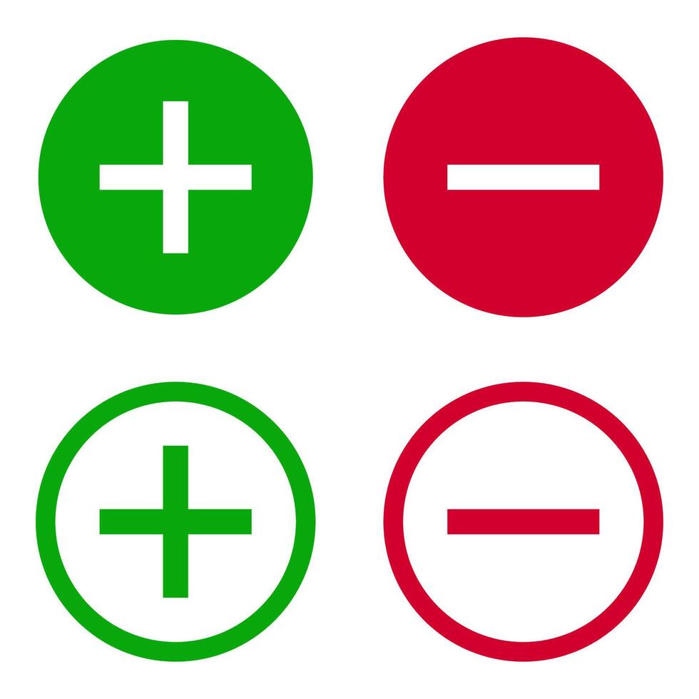Plus and minus round icon set in red and green colors isolated on white background. vector