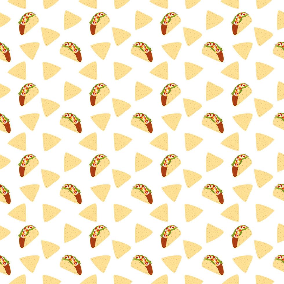Triangular Nacho chips Meat and vegetables filled Taco Seamless Pattern Mexican Food background idea. Isolated illustration Wallpaper, wrapping, delivery or web promo banner, leaflet, menu card vector