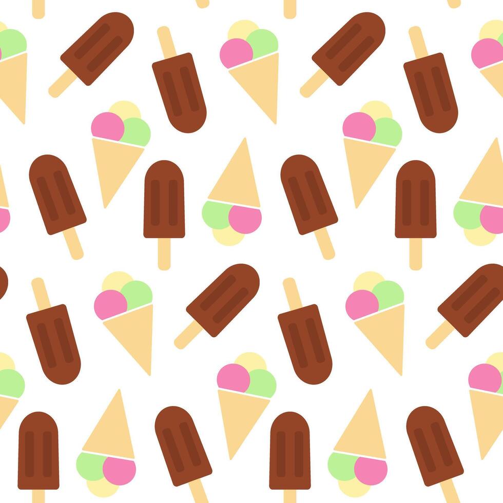 Berry Vanilla Pistachio ice cream balls in Waffle cone Chocolate Ice Cream on stick Seamless pattern. Isolated illustration Wallpaper Background web promo leaflets, cards, poster, banner, label vector