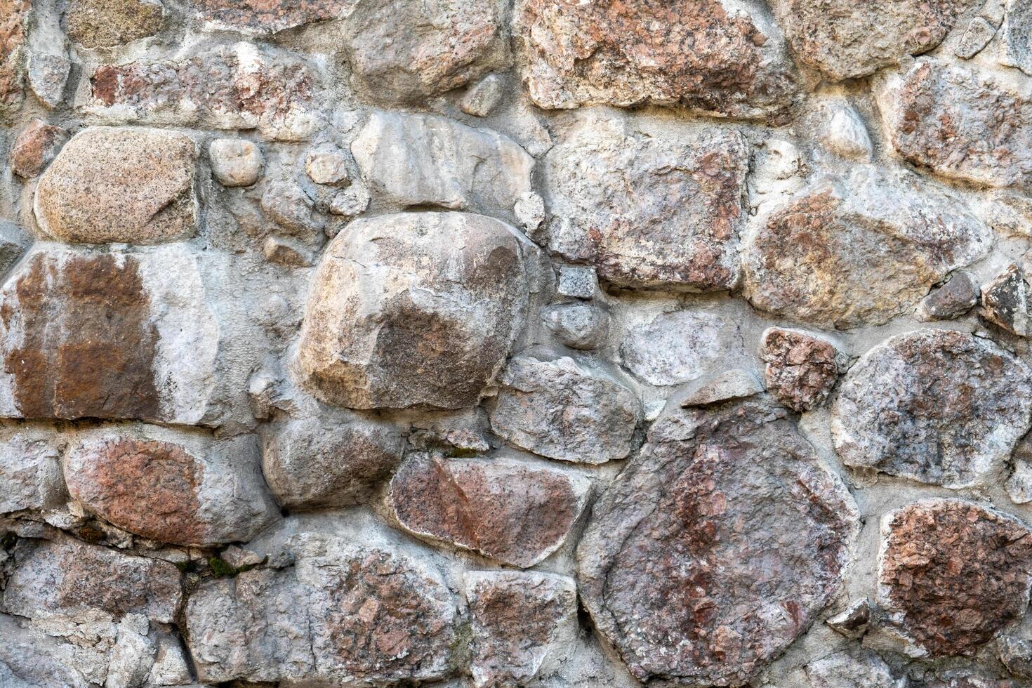 Textured stone wall made of uneven boulders in natural shades with detailed textures. photo