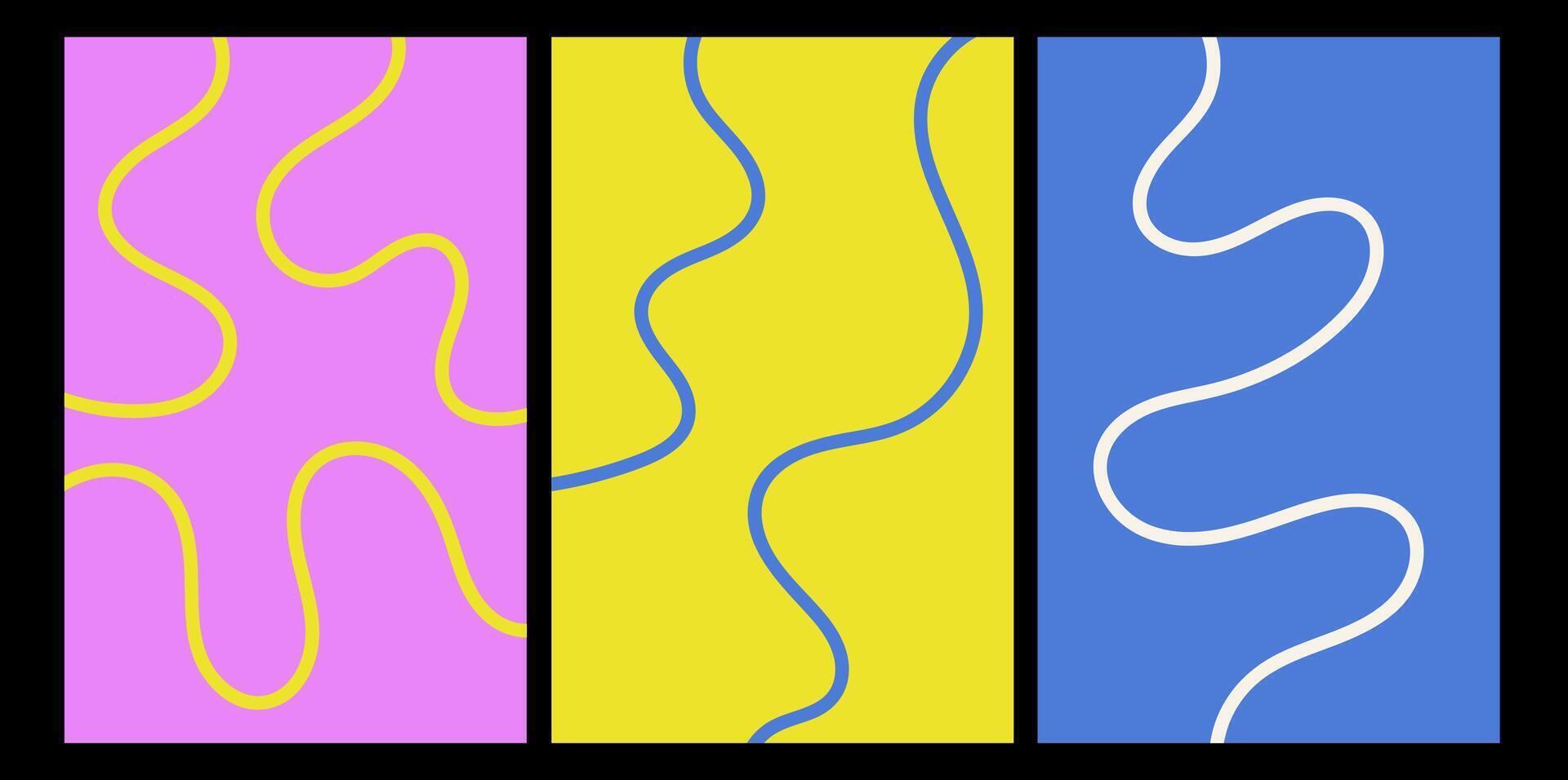 Abstract playful minimalistic background with wavy line. Set of posters with organic curvy curly stripe. Wave line art vector