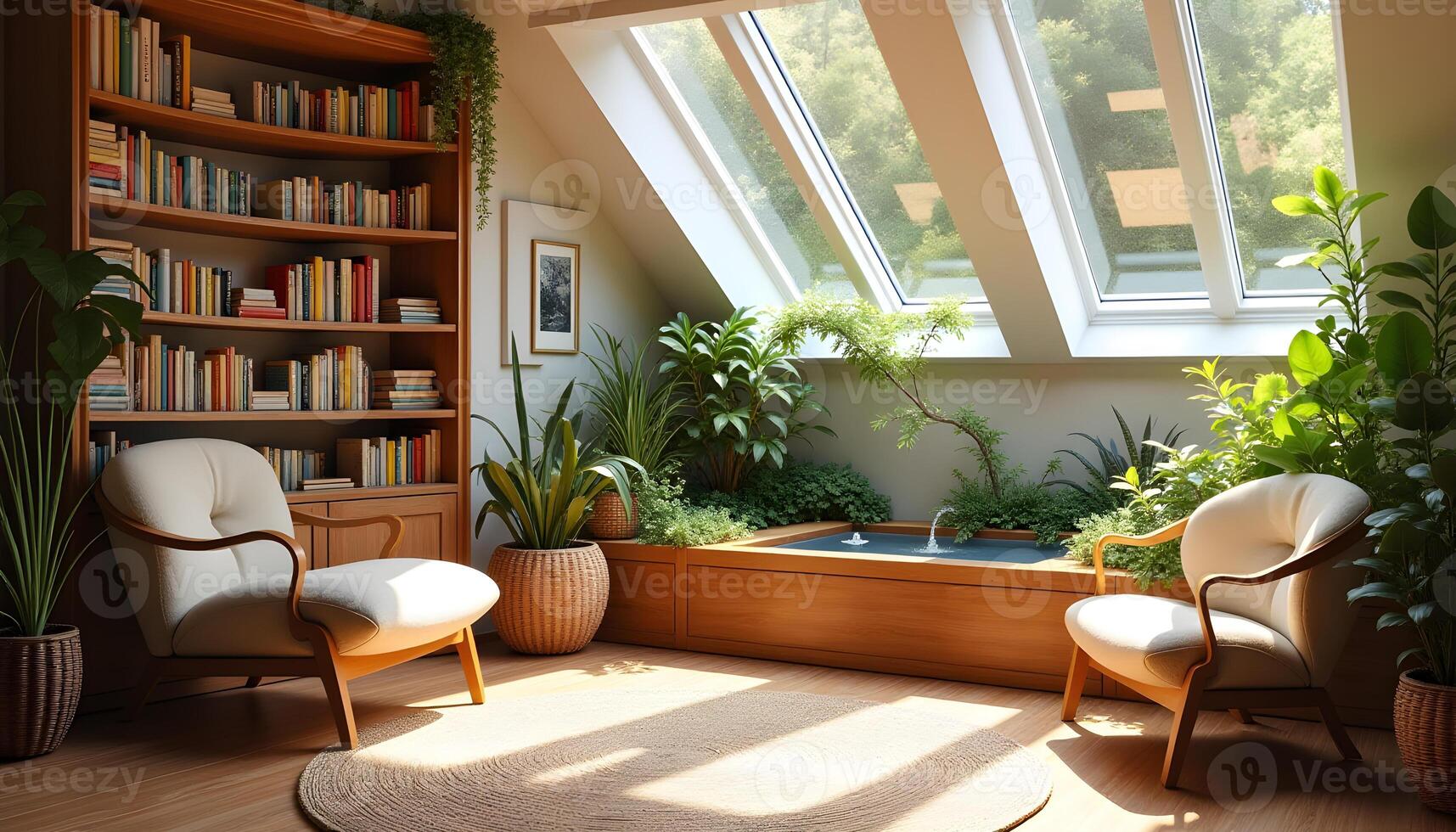 Sunlit Attic Library Nook with Plush Chairs and Greenery photo