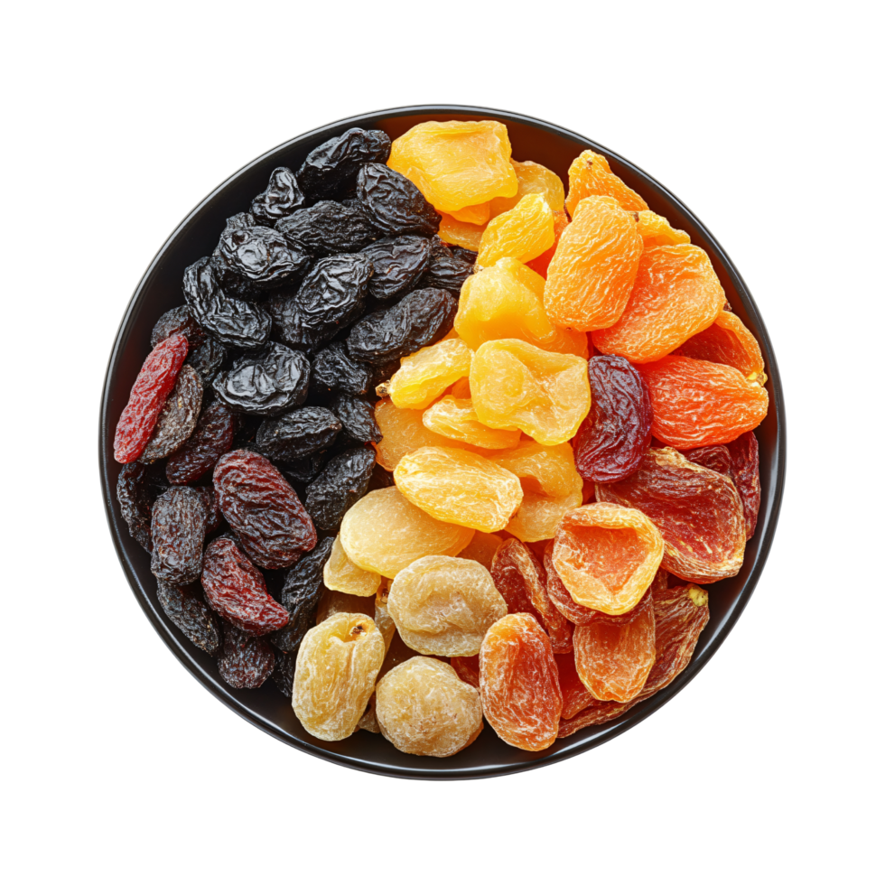 Plate filled mixed dried fruits including apricots, figs, and dates, isolated on transparent background png