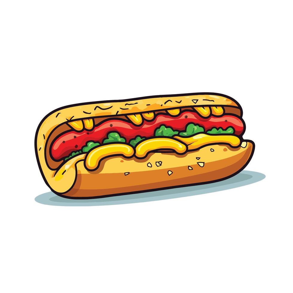Sausage Hot Dog with Barbecue Sauce and Pickles vector