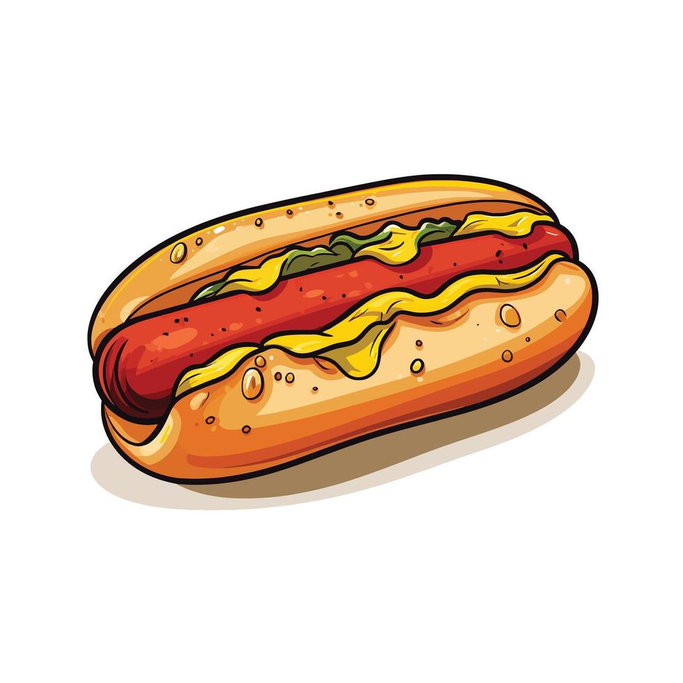 Cartoon Hot Dog with Condiments and Sesame Bun vector