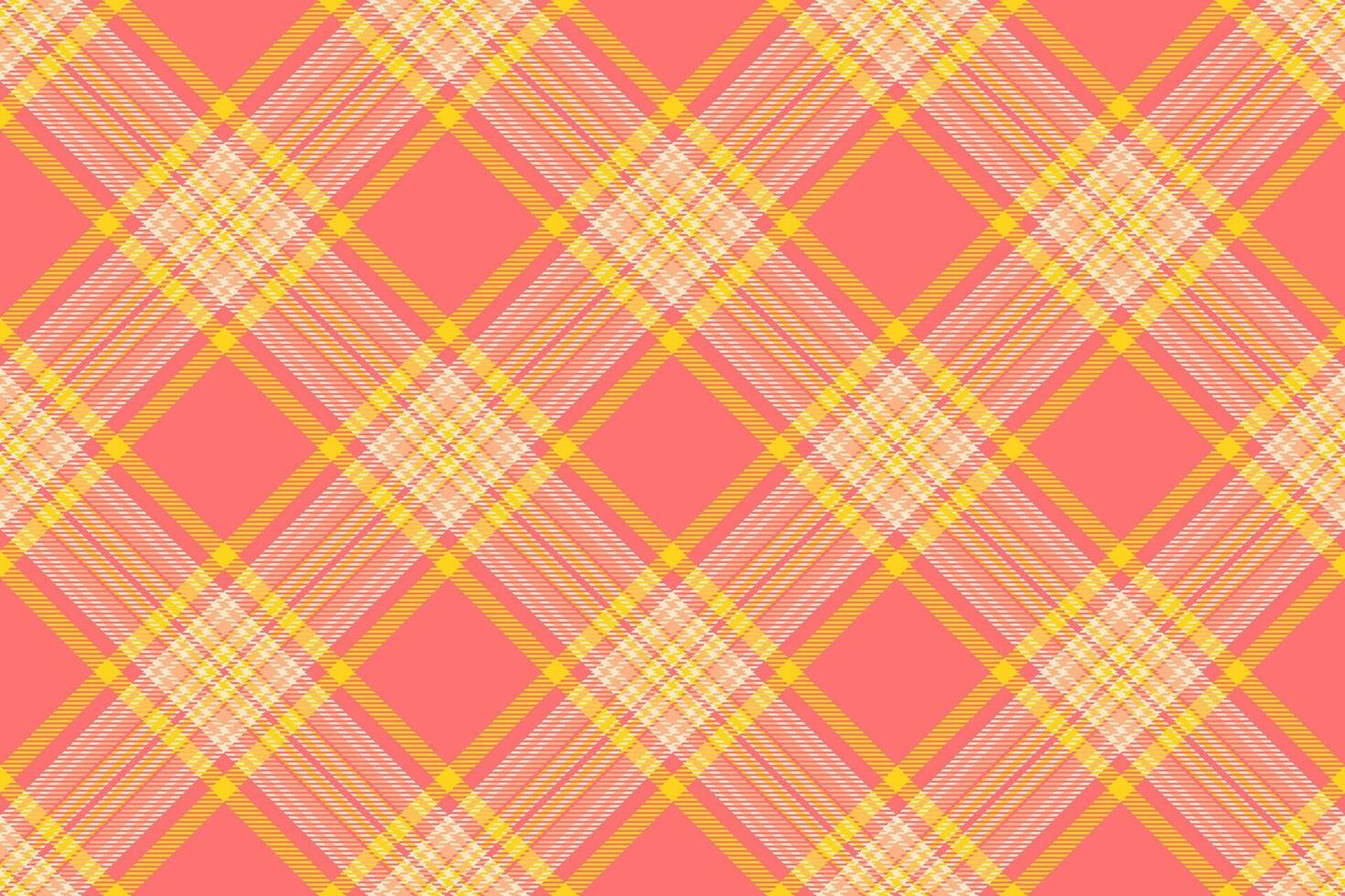 Vibrant coral and gold diagonal plaid pattern. Perfect for textile design, website backgrounds, or fashion projects. This cheerful, seamless texture evokes feelings of warmth and optimism. vector