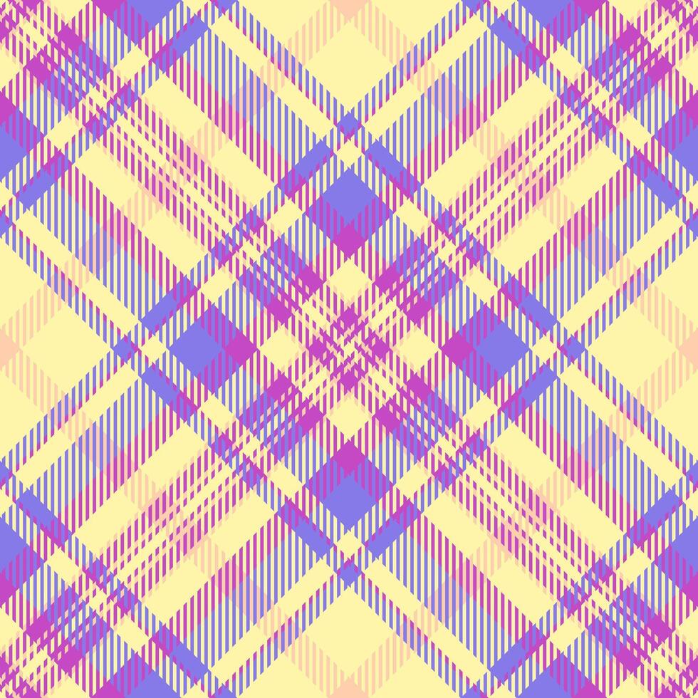 Vibrant pastel plaid pattern in yellow, purple, and pink. Perfect for textile design, fashion, websites, or scrapbooking. This cheerful, intersecting lines create a modern yet classic feel. vector