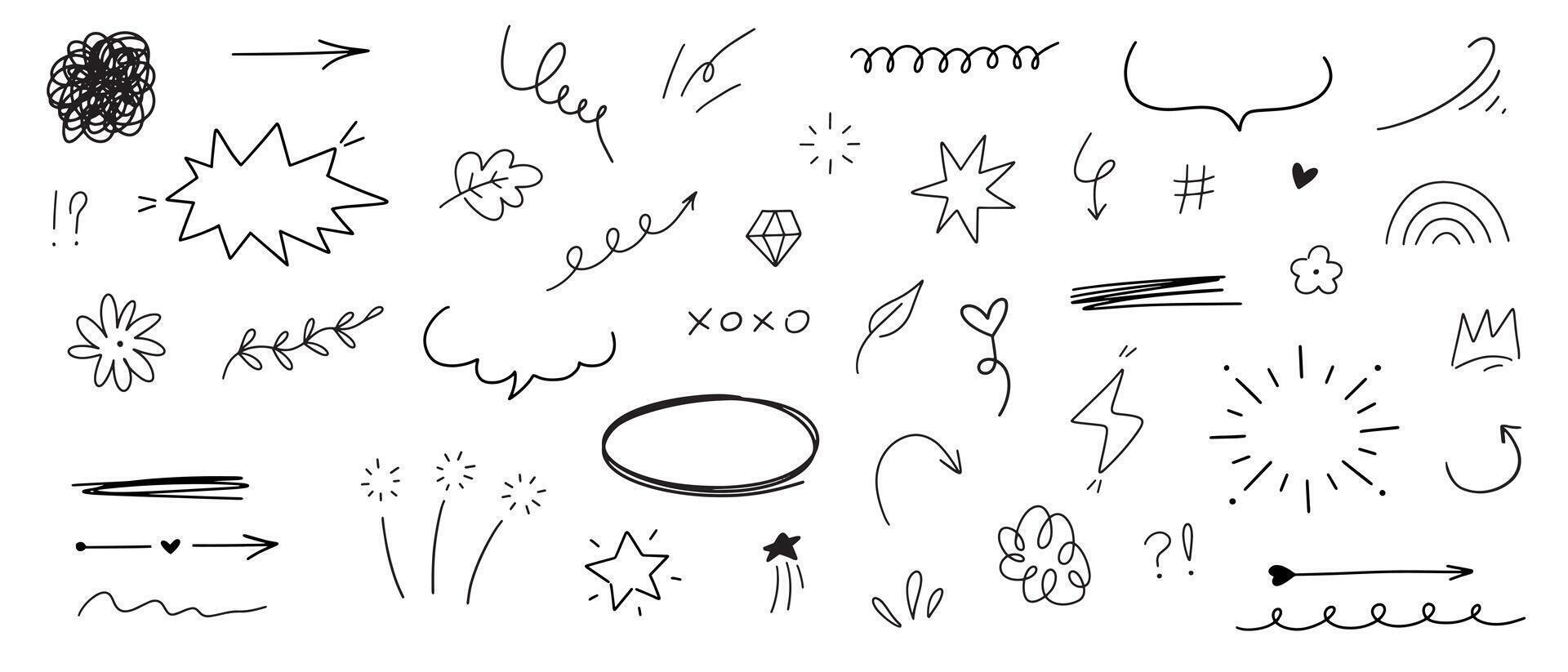 Hand drawn different line elements. Doodle sketch style arrows, scribbles, stars, speech bubbles and underlines. Grunge element set. vector
