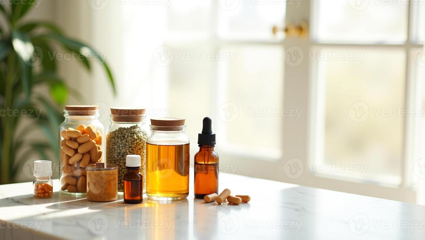 essential oils and other products on a table photo