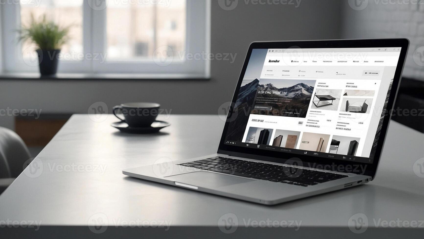 a laptop on a desk with a coffee cup and a window photo