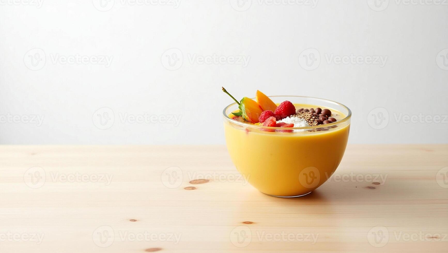 a glass of fruit smoothie on a wooden table photo