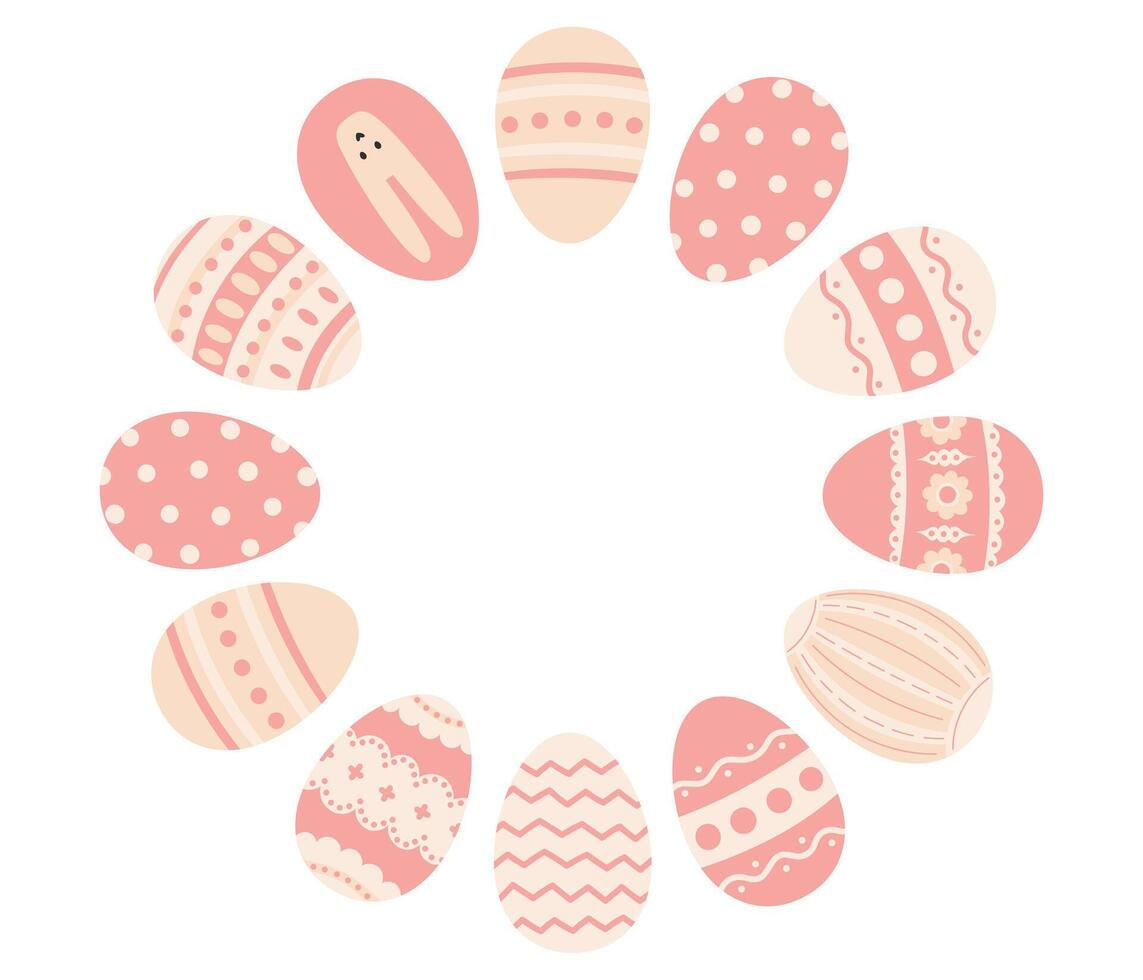 Easter wreath. Easter frame with easter eggs. Easter holiday card, banner, poster, element, border with copy space. Flat illustration in hand drawn style vector
