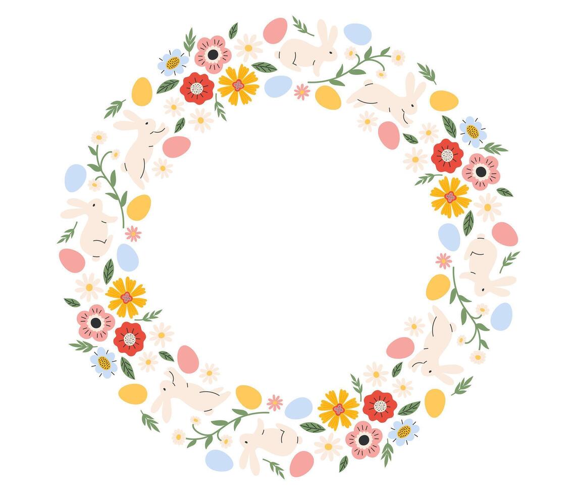 Easter wreath. Easter frame with painted eggs, bunny and flowers. Easter holiday card, banner, poster, element, border with copy space. Flat illustration in hand drawn style vector
