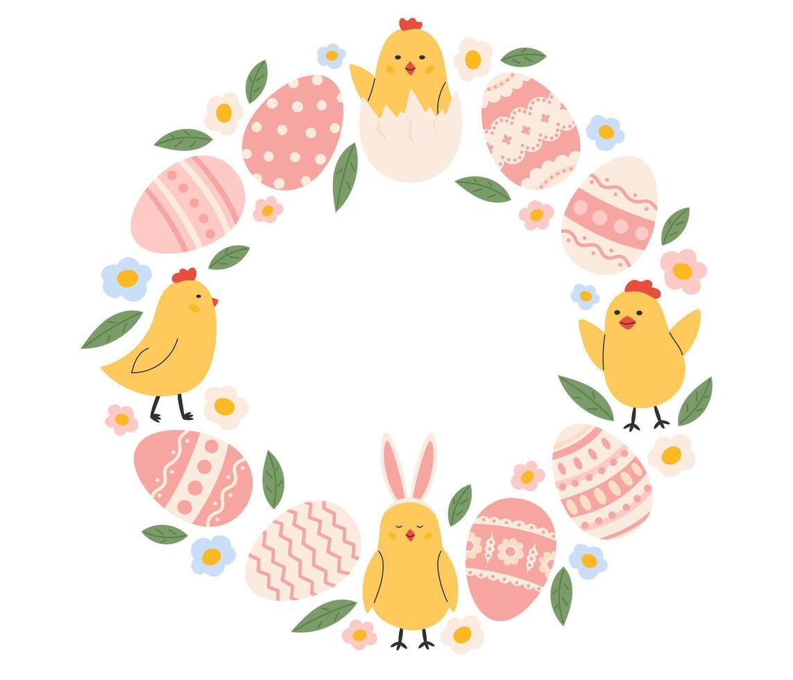 Easter wreath. Easter frame with painted eggs, chicks and flowers. Easter holiday card, banner, poster, element, border with copy space. Flat illustration in hand drawn style vector