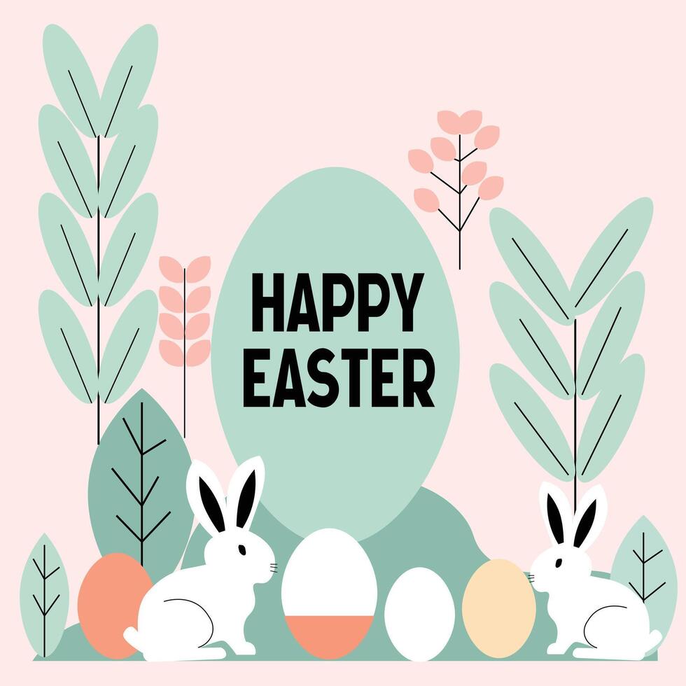 Happy Easter Illustration with Bunnies, Eggs, and Spring Leaves Minimalist Design vector