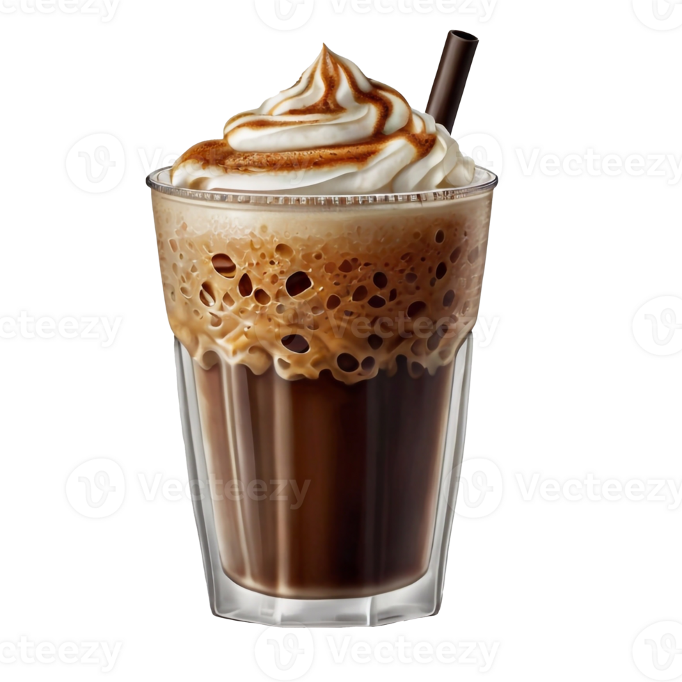 Refreshing Cold Coffee with whipped cream and a straw on a transparent background png