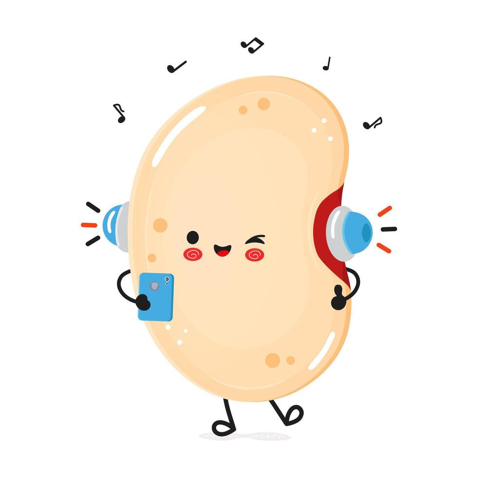 Happy Kidney Bean enjoys music. Cheerful Legume character vector