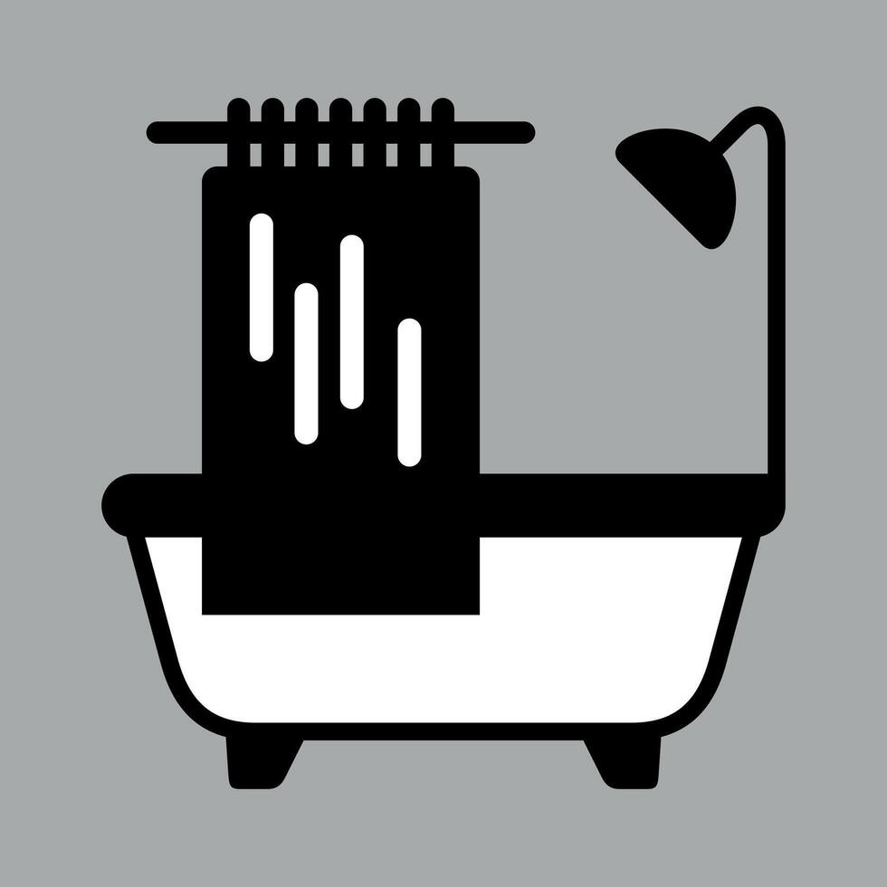 black and white icon of bathtub with curtain on white background vector