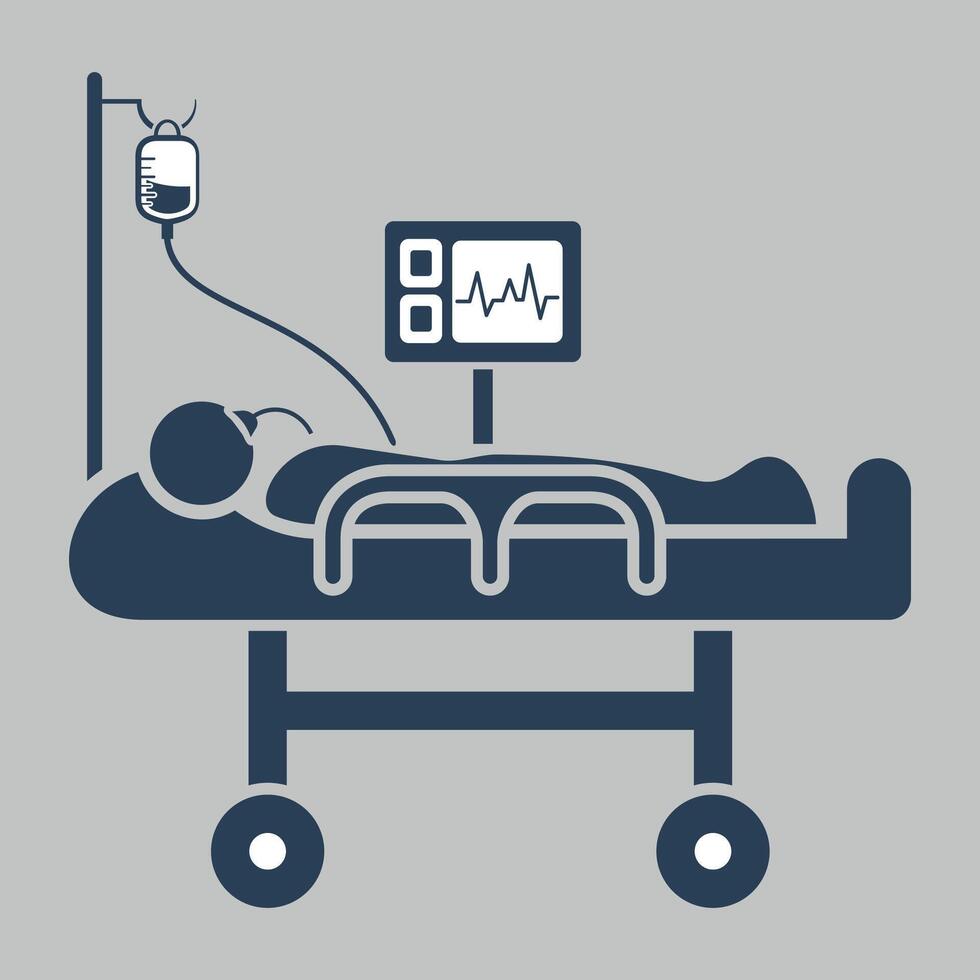 hospital bed icon with patient and IV drip on white background vector