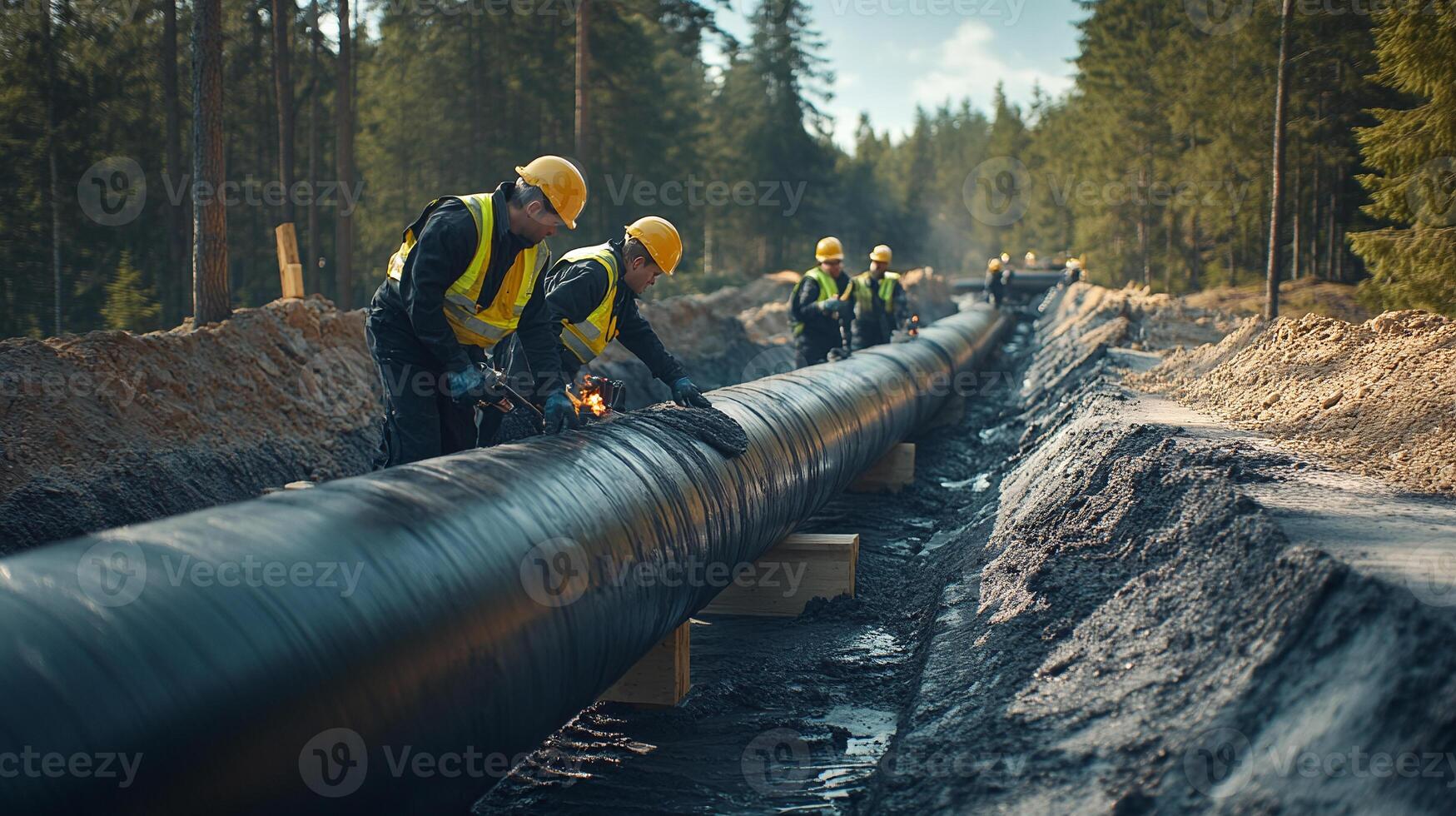 Workers working on a pipeline in the woods photo