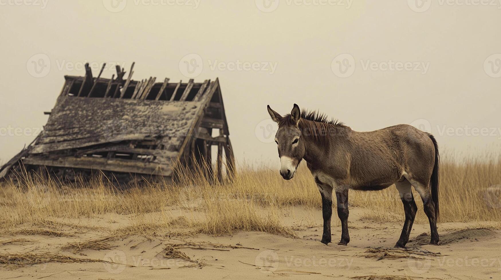 A donkey standing in front of a wooden shack photo