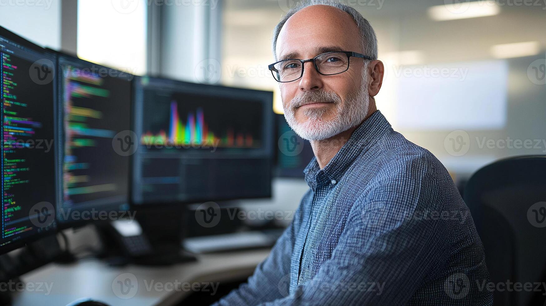 A man in glasses sitting in front of three computer monitors photo